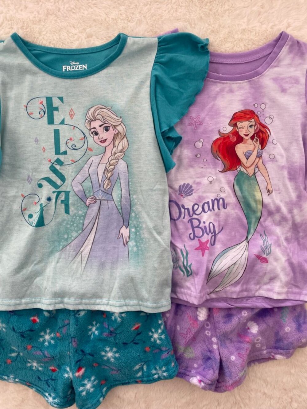 Disney Frozen Elsa + Little Mermaid Ariel Pajama Set Bundle Size 7 - 2 Pack